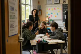 Teacher observing three engaged students in active group discussion, classroom appears lively with scattered supplies, candid view from doorway