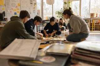 Middle school students independently using laptops and taking notes in a cozy, real classroom as a teacher offers gentle support, with warm afternoon light creating a collaborative learning atmosphere.