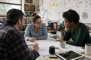 Three educators in a resource room, collaborating intently around a table filled with research papers and notes, softly lit by natural window light.