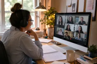 Teacher at home desk in soft light, engaged in a videoconference with multiple participants onscreen, surrounded by teaching materials and handwritten notes, visible from a candid side angle.