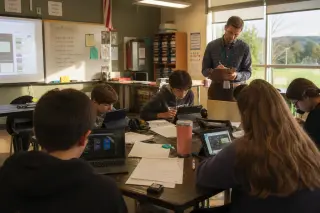 Teacher and students gathered around a table, reviewing project notes and audio equipment for a podcast project, in a gently sunlit, authentic classroom setting.