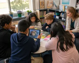 Middle school students exploring augmented reality materials together in a library nook, teacher observing, in natural soft light, candid and collaborative atmosphere