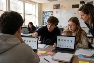 Students collaborating around a table in a real classroom, laptops open with digital badges visible, teacher nearby, natural afternoon light and authentic atmosphere.