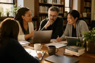 Three teachers in a cozy library corner, collaborating around laptops and notes in warm, natural light, focusing intently on a shared digital screen.