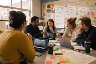 Teachers and a digital coach collaborate around a classroom table, discussing and annotating interactive educational videos in a naturally lit, informal setting.