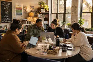 Four teachers in a cozy, sunlit staff room collaborate on laptops and tablets, engaged in informal discussion and note-taking, surrounded by everyday teaching materials.