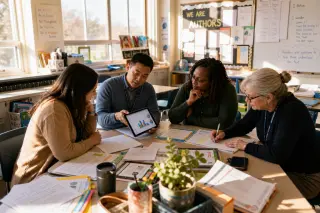 Four teachers in natural discussion around a resource table, reviewing student materials with digital and paper tools in a real, lively classroom, lit by warm afternoon light.