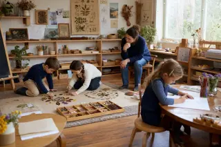 Mixed-age children and a teacher engaged in natural, hands-on learning activities in a cozy, vibrant classroom with an informal arrangement, soft natural lighting, and visible traces of creativity.